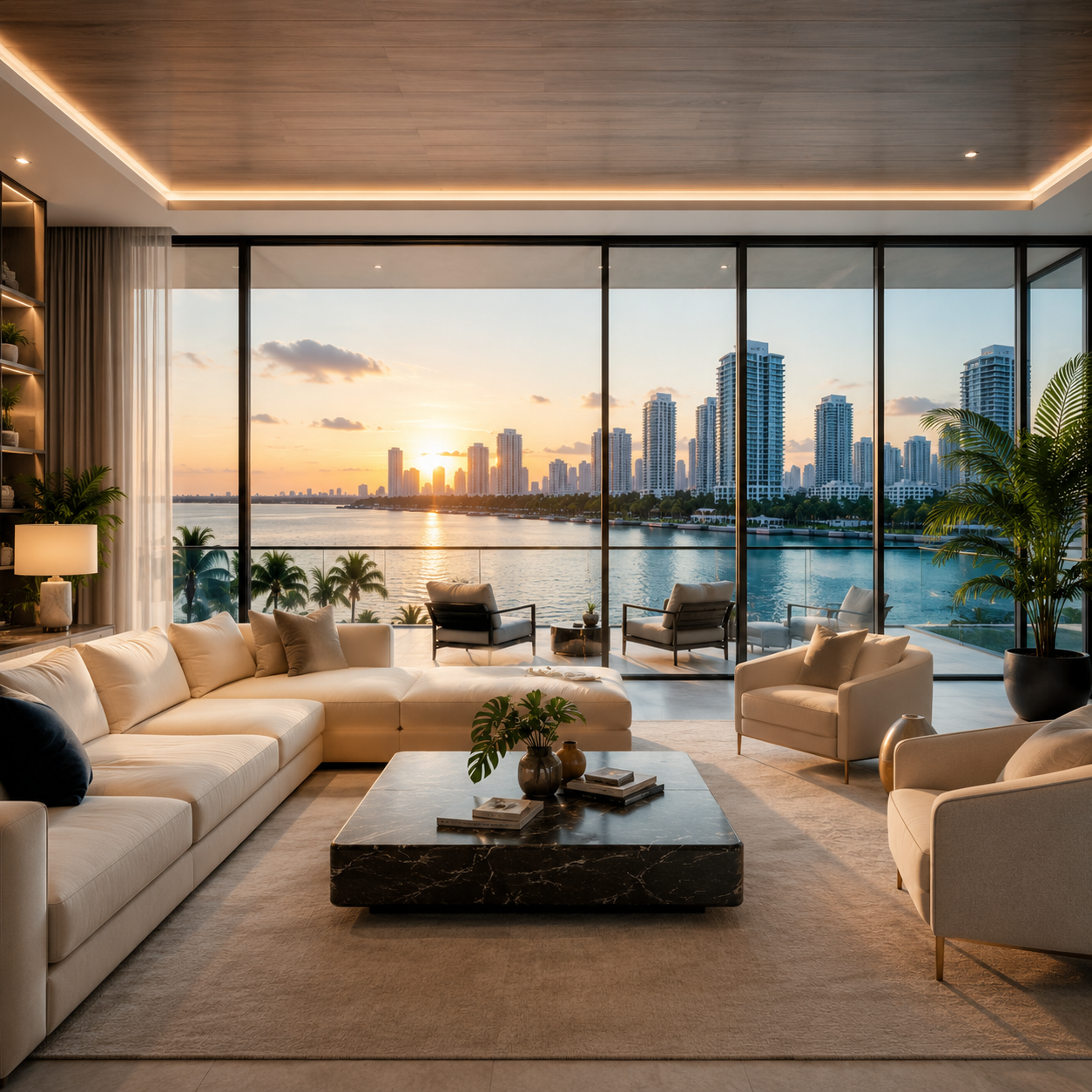 Luxury pre-construction condominium living room overlooking the Miami waterfront