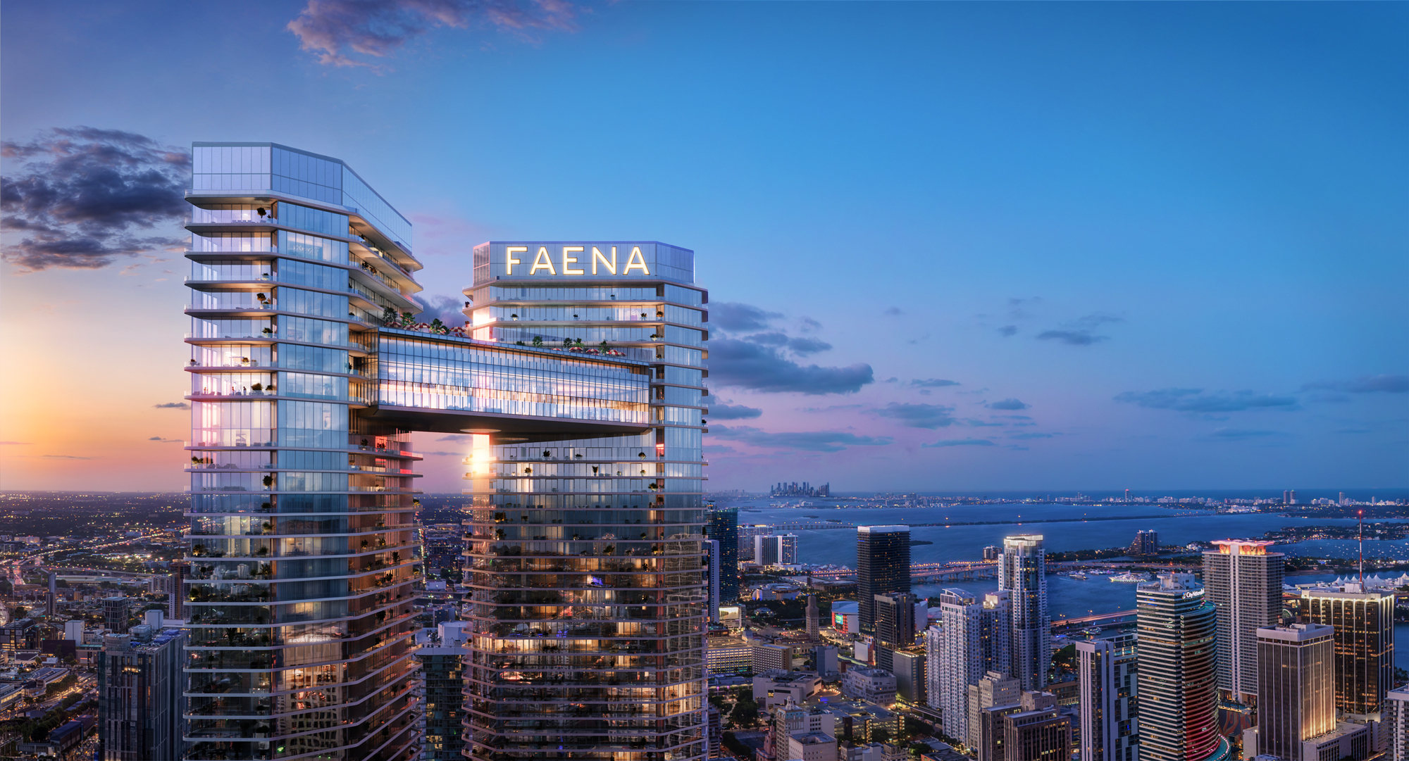 Twilight rendering of Faena Residences Miami overlooking the Miami River.