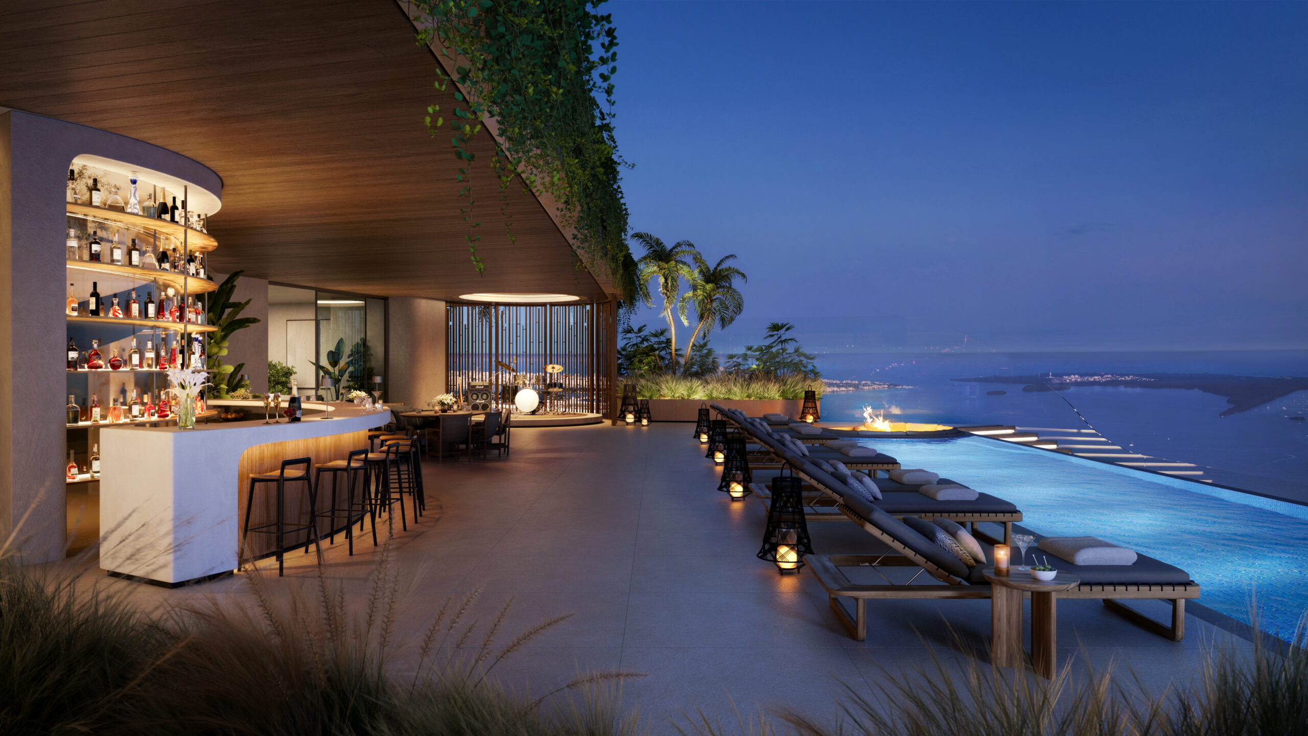 Resort-style pool deck at a luxury Brickell rental community