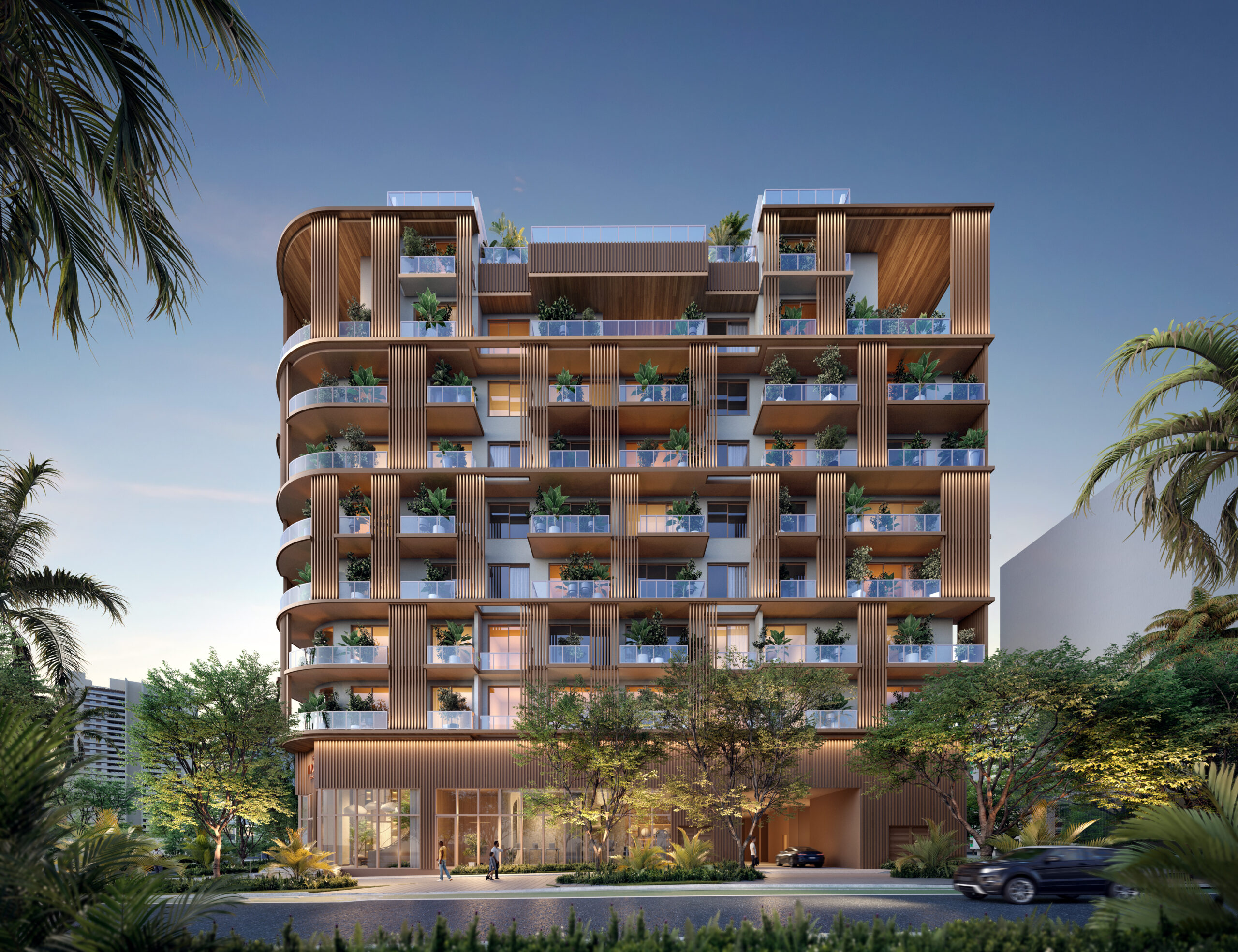 Exterior view of The Lincoln Coconut Grove luxury condominium at dusk