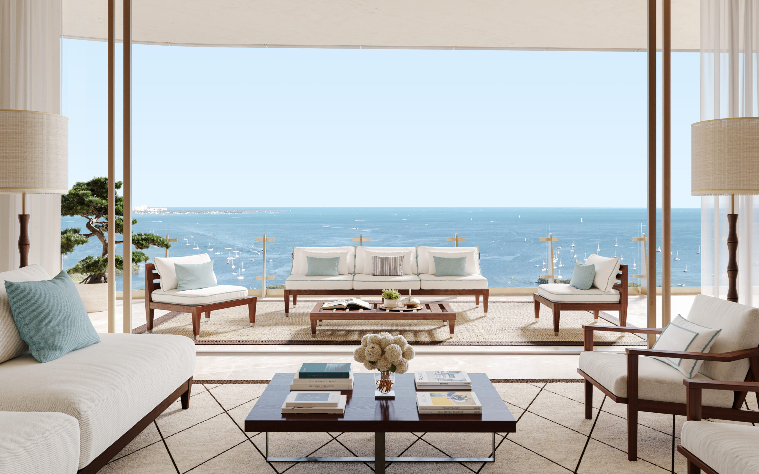 Waterfront balcony view from Four Seasons Private Residences Coconut Grove overlooking Biscayne Bay