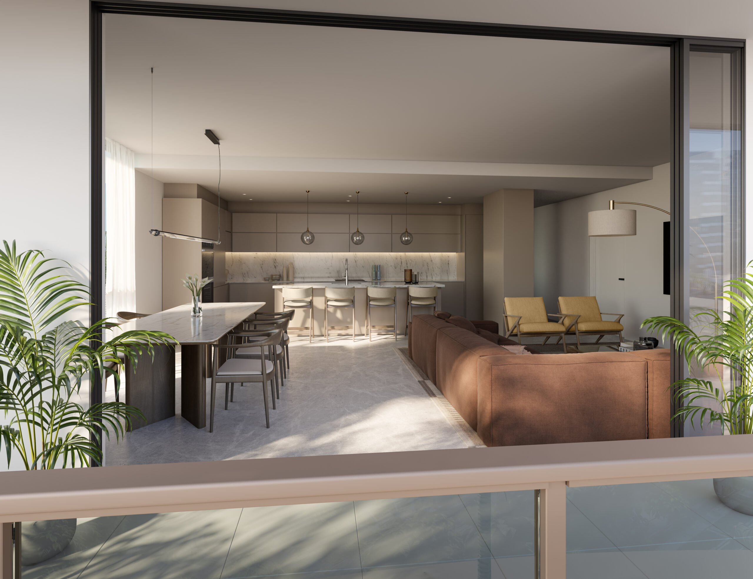 Modern living room and kitchen at The Lincoln Coconut Grove luxury residences