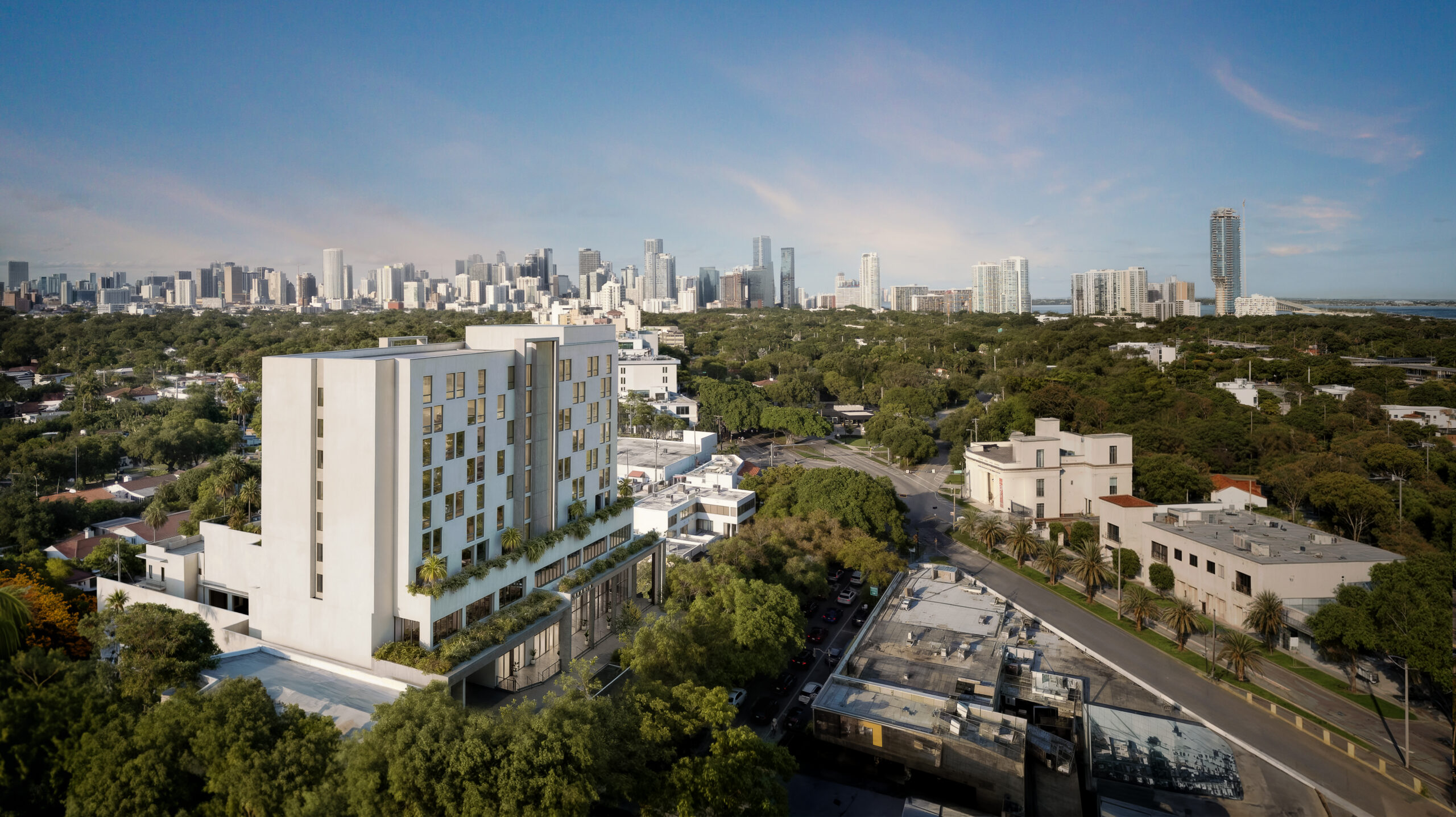 Atelier Residences Miami in The Roads with the Miami skyline in the background