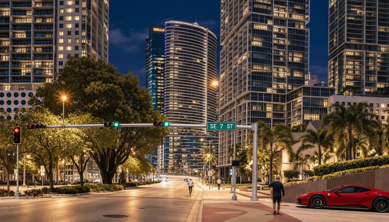 Nighttime view of Brickell, Miami, featuring illuminated luxury high-rises, palm-lined streets, and a red Ferrari near SE 7th Street.