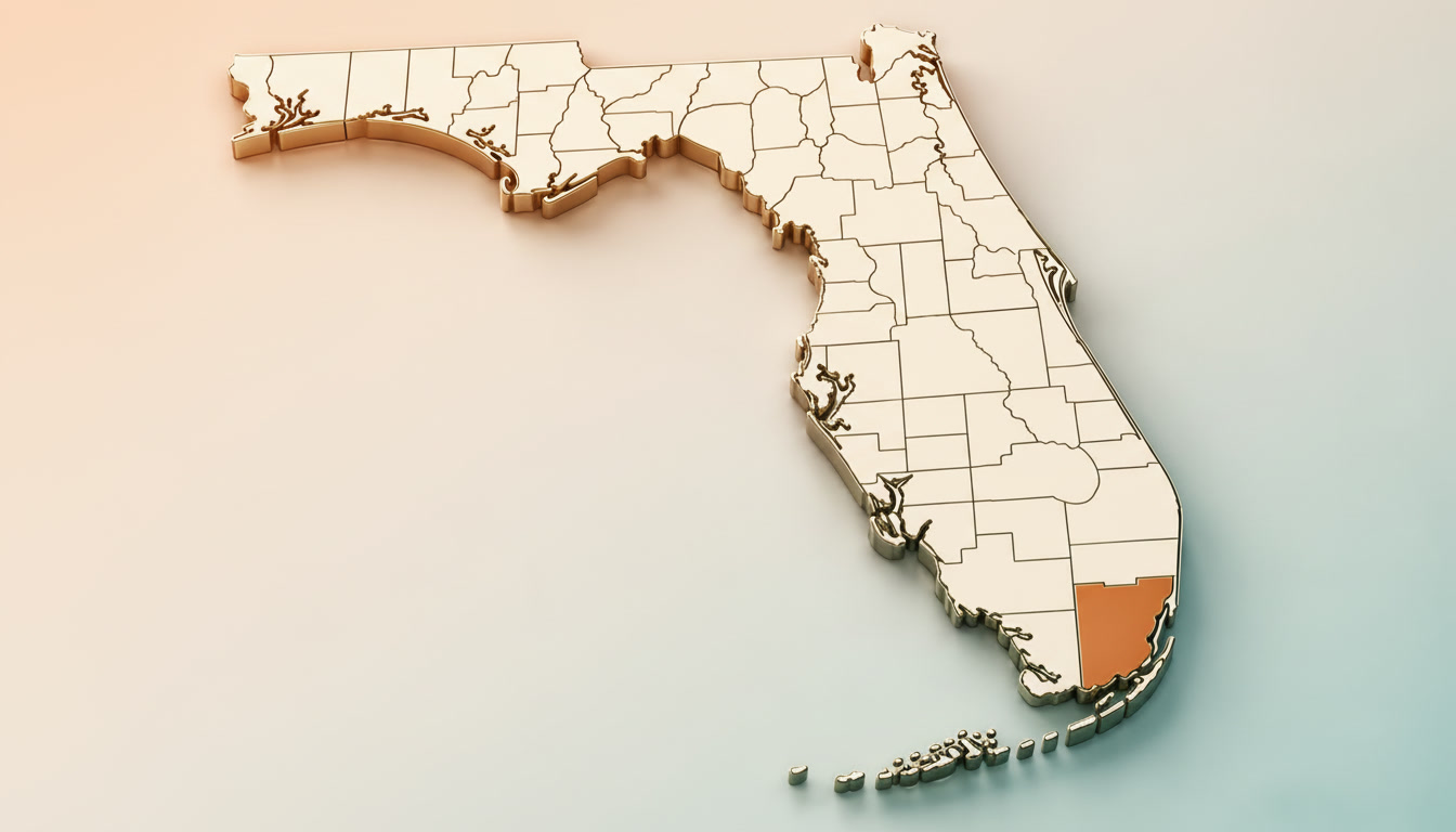 3D map of Florida with Miami-Dade County highlighted in copper against a soft peach and teal background.