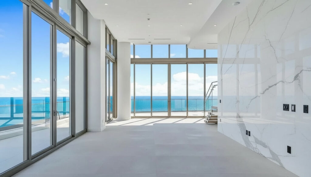 Empty luxury Miami condo with floor-to-ceiling windows overlooking the ocean