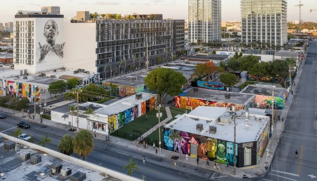 Wynwood Miami with colorful mural-covered warehouses and modern residential buildings rising behind them