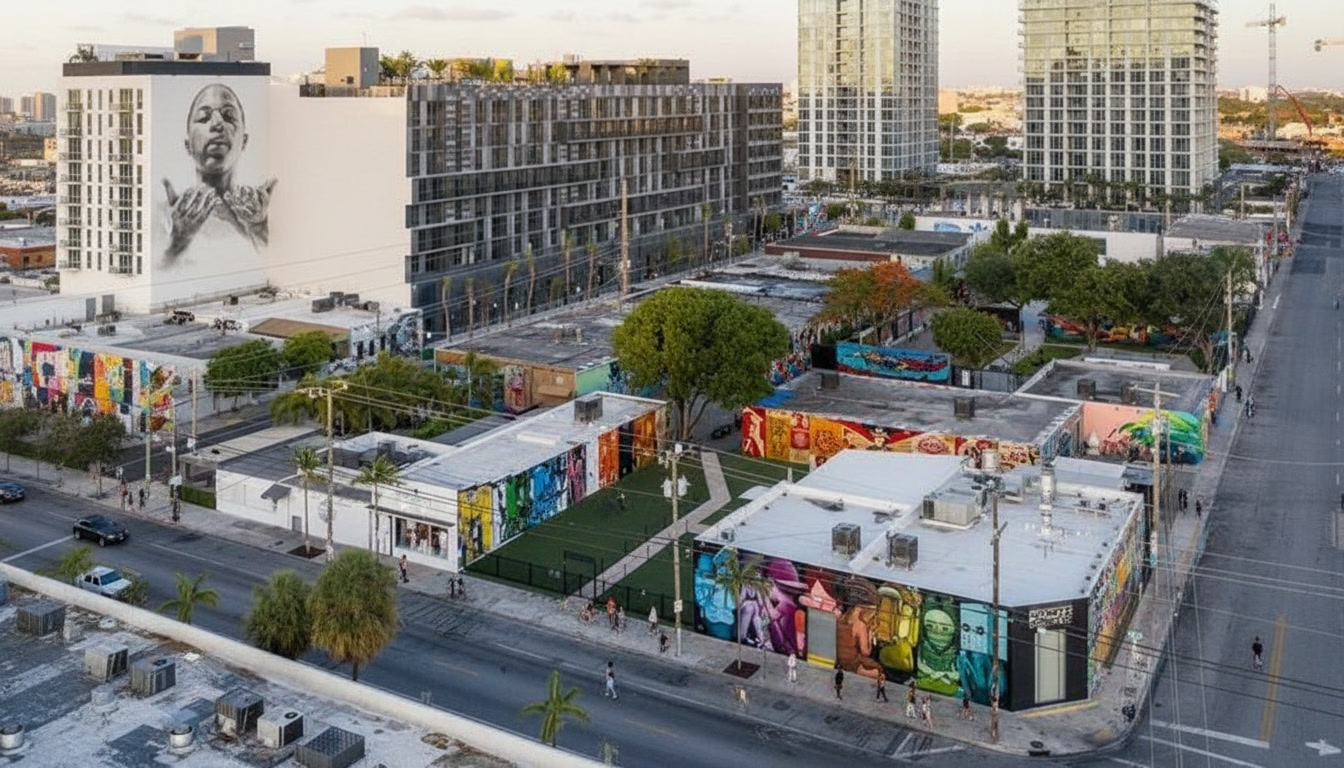 Wynwood Miami with colorful mural-covered warehouses and modern residential buildings rising behind them