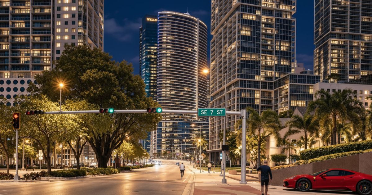 Nighttime view of Brickell, Miami, featuring illuminated luxury high-rises, palm-lined streets, and a red Ferrari near SE 7th Street.