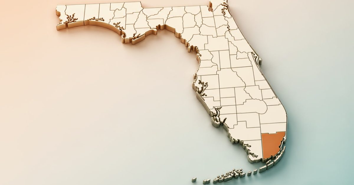 3D map of Florida with Miami-Dade County highlighted in copper against a soft peach and teal background.