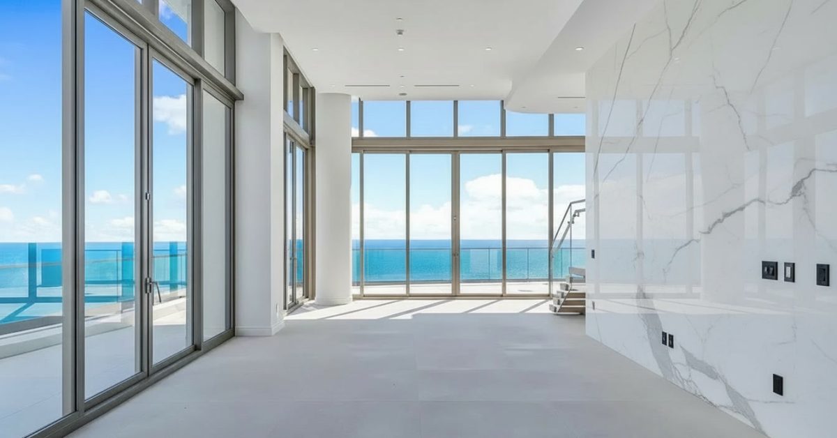 Empty luxury Miami condo with floor-to-ceiling windows overlooking the ocean
